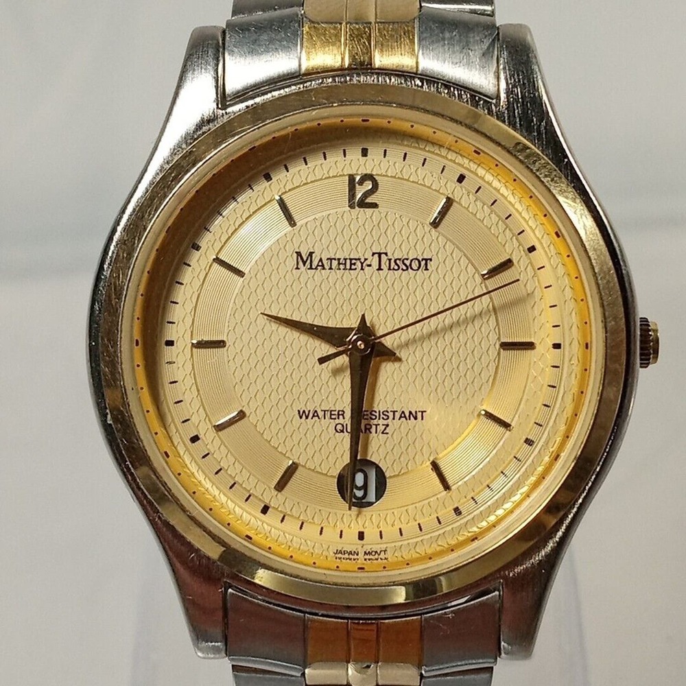 Mathey-Tissot Men's Watch Quartz Cream Dial Gold Inlay Date Vintage MT1312GLD